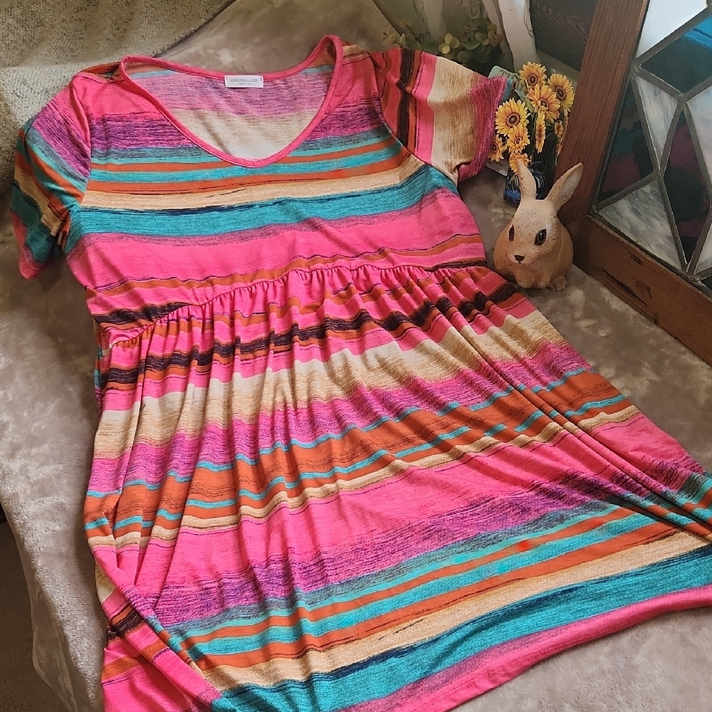 Striped Pink & Multicolor Short Sleeve Mini Dress SO FUN😎🌞 - Picture 1 of 8